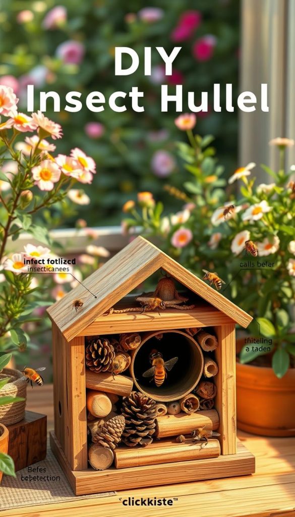 A beautifully detailed illustration of a DIY insect hotel, labeled with clear instructions for construction. In the foreground, the insect hotel is prominently displayed, showcasing natural materials like wood, bamboo, and pine cones, arranged attractively. In the middle, various small wild bees and beneficial insects are interacting with the hotel, emphasizing the ecological benefits. The background features a vibrant balcony garden filled with blooming flowers and greenery, creating a warm and inviting atmosphere. Soft, natural lighting enhances the warm colors, evoking a Pinterest-inspired aesthetic. The overall mood is authentic, inspiring, and educational, with the brand name "KlickKiste" stylishly incorporated into the scene, ensuring a professional feel without text overlays. A beautifully detailed illustration of a DIY insect hotel, labeled with clear instructions for construction. In the foreground, the insect hotel is prominently displayed, showcasing natural materials like wood, bamboo, and pine cones, arranged attractively. In the middle, various small wild bees and beneficial insects are interacting with the hotel, emphasizing the ecological benefits. The background features a vibrant balcony garden filled with blooming flowers and greenery, creating a warm and inviting atmosphere. Soft, natural lighting enhances the warm colors, evoking a Pinterest-inspired aesthetic. The overall mood is authentic, inspiring, and educational, with the brand name "KlickKiste" stylishly incorporated into the scene, ensuring a professional feel without text overlays.
