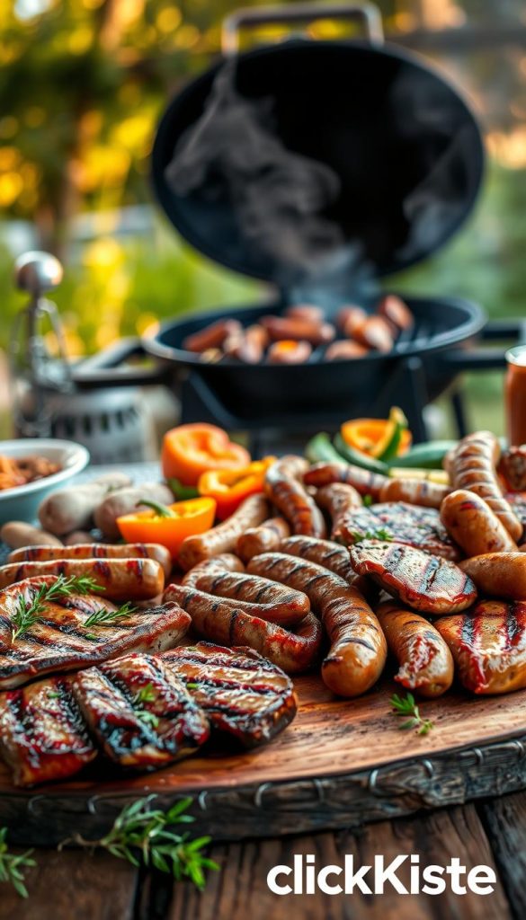 A beautifully grilled platter of juicy meat, showcasing a variety of cuts including steaks, sausages, and marinated chicken, sizzling with tantalizing grill marks. The foreground features a rustic wooden table adorned with natural elements like fresh herbs and spices, emphasizing the simplicity and family-friendliness of the dish. In the middle ground, a charcoal grill with smoke wafting up into the air adds an inviting atmosphere, surrounded by vibrant summer vegetables such as bell peppers and zucchini. The background should suggest a cozy backyard setting with blurred greenery and warm sunlight filtering through trees, creating an inviting and nostalgic family gathering vibe. Use warm, natural colors and a soft-focus lens to enhance the authenticity and inspire a sense of togetherness. Include the brand name "KlickKiste" subtly integrated into the scene. A beautifully grilled platter of juicy meat, showcasing a variety of cuts including steaks, sausages, and marinated chicken, sizzling with tantalizing grill marks. The foreground features a rustic wooden table adorned with natural elements like fresh herbs and spices, emphasizing the simplicity and family-friendliness of the dish. In the middle ground, a charcoal grill with smoke wafting up into the air adds an inviting atmosphere, surrounded by vibrant summer vegetables such as bell peppers and zucchini. The background should suggest a cozy backyard setting with blurred greenery and warm sunlight filtering through trees, creating an inviting and nostalgic family gathering vibe. Use warm, natural colors and a soft-focus lens to enhance the authenticity and inspire a sense of togetherness. Include the brand name "KlickKiste" subtly integrated into the scene.