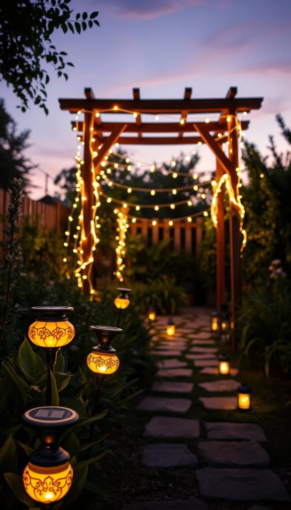 A beautifully illuminated garden scene at dusk, showcasing a variety of artistic lighting options for a cozy summer evening. In the foreground, elegant solar lights with floral designs cast a warm glow, surrounded by lush green plants. The middle layer features softly glowing LED string lights draped across a rustic wooden pergola, creating a charming ambiance. Softly flickering lanterns line the garden path, adding depth and safety. The background reveals a serene, twilight sky with hints of purple and orange, enhancing the tranquil atmosphere. The image should evoke feelings of relaxation and inspiration, resembling a Pinterest-worthy DIY setup from KlickKiste. Use a wide-angle lens to capture the entire layout, ensuring balanced lighting and a warm color palette throughout.