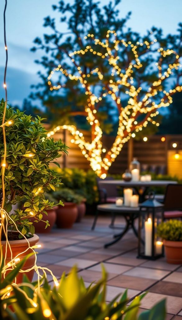 A beautifully illuminated outdoor area showcasing various creative lighting ideas for enhancing ambiance and safety in the garden. In the foreground, there are elegant, weatherproof string lights delicately draped around lush green plants and terracotta pots, casting a warm, inviting glow. The middle ground features a stylish patio table adorned with soft, flickering candles and decorative lanterns, all designed for durability against the elements. In the background, an enchanting tree stands tall, wrapped in subtle fairy lights, providing a magical touch against the twilight sky. The scene exudes a cozy, inspirational atmosphere, reminiscent of a Pinterest-worthy DIY layout. Capture this moment with a warm color palette and soft focus, as if seen through a gentle lens, perfect for showcasing outdoor decor ideas from KlickKiste. A beautifully illuminated outdoor area showcasing various creative lighting ideas for enhancing ambiance and safety in the garden. In the foreground, there are elegant, weatherproof string lights delicately draped around lush green plants and terracotta pots, casting a warm, inviting glow. The middle ground features a stylish patio table adorned with soft, flickering candles and decorative lanterns, all designed for durability against the elements. In the background, an enchanting tree stands tall, wrapped in subtle fairy lights, providing a magical touch against the twilight sky. The scene exudes a cozy, inspirational atmosphere, reminiscent of a Pinterest-worthy DIY layout. Capture this moment with a warm color palette and soft focus, as if seen through a gentle lens, perfect for showcasing outdoor decor ideas from KlickKiste.