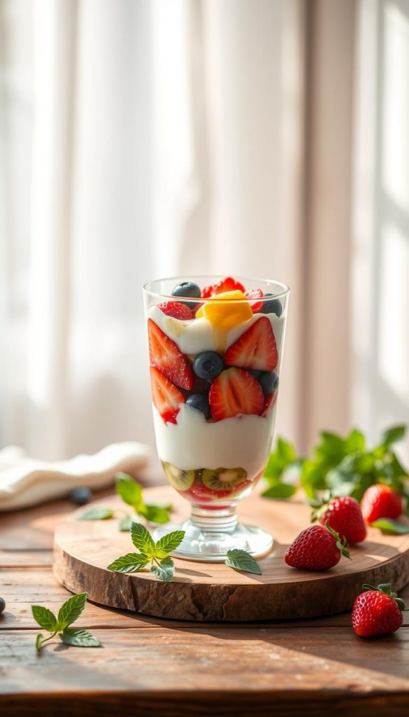 A beautifully layered dessert in a glass showcasing a vibrant combination of fresh fruits like strawberries, blueberries, and kiwi, paired with creamy yogurt and a delicate drizzle of honey. The glass is placed on a rustic wooden table, surrounded by scattered mint leaves for a refreshing touch. In the background, soft sunlight filters through sheer curtains, creating a warm and inviting atmosphere. The setting is styled in a Pinterest-inspired aesthetic, emphasizing natural elements and cozy summer vibes, with a warm color palette of soft pastels and earthy tones. The image embodies an authentic and inspiring summer dessert experience, perfect for budget-friendly recipes. Brand name "KlickKiste" subtly represented through the aesthetic presence without textual overlay. A beautifully layered dessert in a glass showcasing a vibrant combination of fresh fruits like strawberries, blueberries, and kiwi, paired with creamy yogurt and a delicate drizzle of honey. The glass is placed on a rustic wooden table, surrounded by scattered mint leaves for a refreshing touch. In the background, soft sunlight filters through sheer curtains, creating a warm and inviting atmosphere. The setting is styled in a Pinterest-inspired aesthetic, emphasizing natural elements and cozy summer vibes, with a warm color palette of soft pastels and earthy tones. The image embodies an authentic and inspiring summer dessert experience, perfect for budget-friendly recipes. Brand name "KlickKiste" subtly represented through the aesthetic presence without textual overlay.