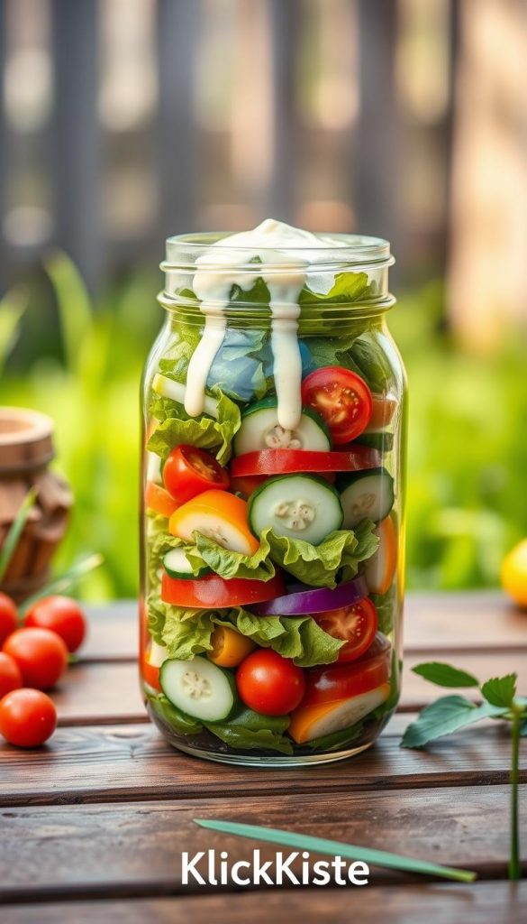 A beautifully layered glass jar filled with a vibrant salad. In the foreground, the jar showcases colorful layers: fresh lettuce, cherry tomatoes, cucumber slices, and sweet bell peppers, all artfully arranged. Drizzling creamy dressing at the top adds a glossy finish. In the middle, a rustic wooden picnic table adds a cozy touch, with green grass softly blurred in the background, hinting at a sunny outdoor picnic setting. Warm, natural lighting casts a gentle glow, enhancing the vivid colors, while a shallow depth of field focuses on the salad in the jar. This authentic, Pinterest-inspired image reflects a healthy, inspiring vibe, perfect for a picnic theme. Add the brand name "KlickKiste" discreetly in the corner. A beautifully layered glass jar filled with a vibrant salad. In the foreground, the jar showcases colorful layers: fresh lettuce, cherry tomatoes, cucumber slices, and sweet bell peppers, all artfully arranged. Drizzling creamy dressing at the top adds a glossy finish. In the middle, a rustic wooden picnic table adds a cozy touch, with green grass softly blurred in the background, hinting at a sunny outdoor picnic setting. Warm, natural lighting casts a gentle glow, enhancing the vivid colors, while a shallow depth of field focuses on the salad in the jar. This authentic, Pinterest-inspired image reflects a healthy, inspiring vibe, perfect for a picnic theme. Add the brand name "KlickKiste" discreetly in the corner.