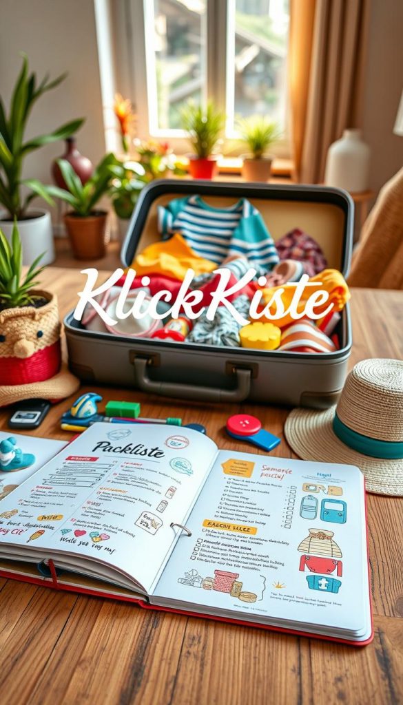 A beautifully organized DIY packing checklist laid out on a wooden table, featuring warm, inviting colors and a Pinterest-inspired aesthetic. In the foreground, a stylish notebook opened to a page titled "Packliste", with colorful doodles and handwritten notes related to family summer vacation essentials. Beside it, a variety of packing items like travel-sized toiletries, sun hats, and a mini first-aid kit are neatly arranged. In the middle, a fabric suitcase partially open, revealing vibrant summer clothes and toys for children. The background showcases a cozy sunlit room with potted plants and light streaming through the window, creating an inspiring and cheerful atmosphere. The brand name "KlickKiste" subtly integrated into the scene, evoking a warm, family-friendly vibe.