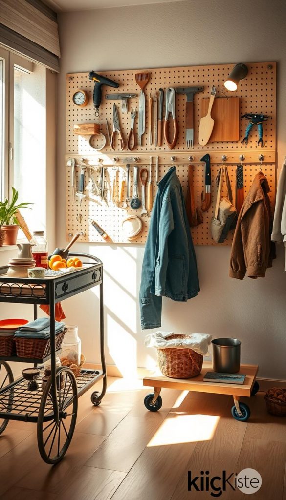 A beautifully organized DIY workspace featuring a stylish serving cart, an inspiring pegboard filled with various tools and creative accents, and a cozy coat rack, all showcasing the essence of "ordnung." The scene captures a warm and inviting atmosphere, illuminated by soft, natural lighting streaming through a nearby window, creating gentle shadows and highlights. The foreground includes the intricately crafted serving cart, adorned with colorful culinary items. The pegboard in the middle is artistically arranged, blending functionality with aesthetics, and the coat rack in the background displays neatly arranged clothing. This image reflects the essence of natural DIY style with warm colors, offering a Pinterest-inspired look. Include the brand name "KlickKiste" subtly integrated into the workspace design, emphasizing authenticity and inspiration.