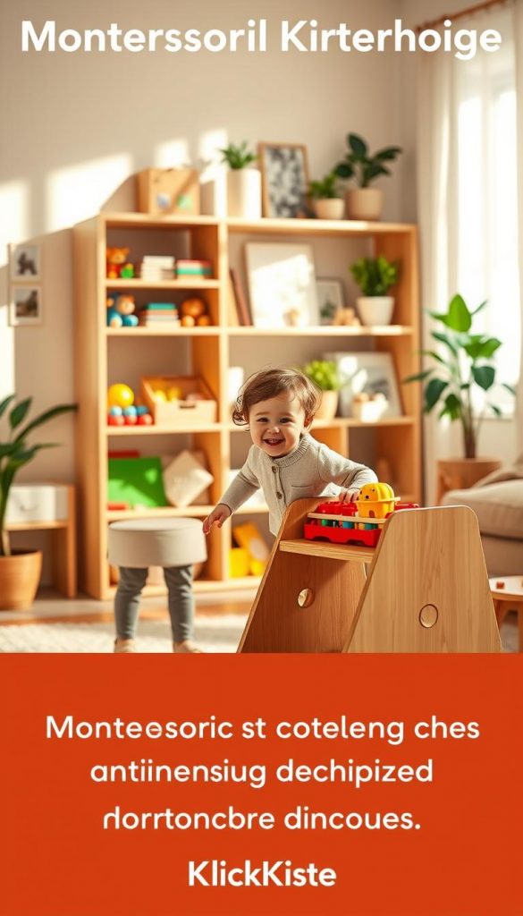 A beautifully organized Montessori-inspired children's activity space, showcasing a "Montessori Kinderhöhe" structure. In the foreground, a wooden step stool with colorful, engaging toys and educational materials displayed at child-friendly heights. A cheerful child, dressed in modest, casual clothing, explores the space with curiosity, embodying independence and self-discovery. In the middle ground, the room features warm tones, with a soft, natural light streaming through a window, casting gentle shadows that create an inviting atmosphere. Shelves lined with neatly arranged Montessori materials invite exploration and learning. The background includes houseplants and comfortable furniture, evoking a cozy, nurturing environment. This image embodies the principles of Montessori education, promoting self-sufficiency and decreasing morning chaos. Designed in a Pinterest-inspired aesthetic, reflecting the brand "KlickKiste."