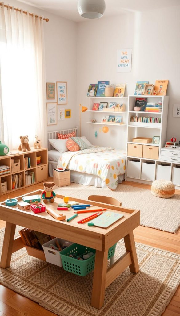 A beautifully organized children's room designed for functionality and creativity. In the foreground, a tidy wooden play table with neatly arranged toys and art supplies, inviting engagement and play. The middle features a bright, inviting bed with colorful bedding and fluffy pillows, complemented by a well-organized bookshelf filled with children's books. In the background, soft natural light filters through sheer curtains, creating a warm and welcoming atmosphere. The walls are decorated with playful, inspiring artwork, and a soft rug adds comfort to the space. Subtle accents of the brand "KlickKiste" can be seen in decorative elements, enhancing the room's charm. The overall mood is cheerful and inspiring, reflecting a Pinterest-worthy decor style that promotes order and creativity. A beautifully organized children's room designed for functionality and creativity. In the foreground, a tidy wooden play table with neatly arranged toys and art supplies, inviting engagement and play. The middle features a bright, inviting bed with colorful bedding and fluffy pillows, complemented by a well-organized bookshelf filled with children's books. In the background, soft natural light filters through sheer curtains, creating a warm and welcoming atmosphere. The walls are decorated with playful, inspiring artwork, and a soft rug adds comfort to the space. Subtle accents of the brand "KlickKiste" can be seen in decorative elements, enhancing the room's charm. The overall mood is cheerful and inspiring, reflecting a Pinterest-worthy decor style that promotes order and creativity.
