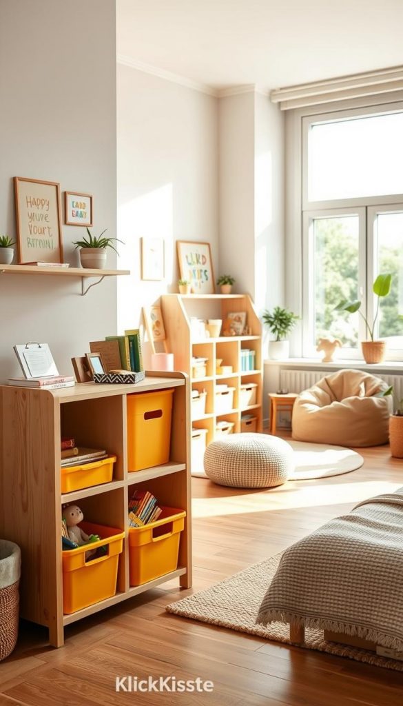 A beautifully organized children's room featuring smart storage solutions that promote a calming atmosphere and enhance focus. In the foreground, there's a stylish wooden storage unit filled with colorful, neatly arranged bins that hold toys and books. The middle ground showcases a cozy reading nook with a small, soft rug, a bean bag chair, and a shelf with playful, inspiring decor. The background reveals light-colored walls adorned with cheerful artwork, large windows allowing natural light to flood the space, and plants adding a touch of nature. The overall color palette consists of warm, earthy tones, creating an inviting and cheerful vibe. The scene embodies a Pinterest-worthy aesthetic, reflecting the brand "KlickKiste," focusing on sustainable design and DIY ideas. Soft natural lighting enhances the warm colors, evoking an authentic and inspiring atmosphere. A beautifully organized children's room featuring smart storage solutions that promote a calming atmosphere and enhance focus. In the foreground, there's a stylish wooden storage unit filled with colorful, neatly arranged bins that hold toys and books. The middle ground showcases a cozy reading nook with a small, soft rug, a bean bag chair, and a shelf with playful, inspiring decor. The background reveals light-colored walls adorned with cheerful artwork, large windows allowing natural light to flood the space, and plants adding a touch of nature. The overall color palette consists of warm, earthy tones, creating an inviting and cheerful vibe. The scene embodies a Pinterest-worthy aesthetic, reflecting the brand "KlickKiste," focusing on sustainable design and DIY ideas. Soft natural lighting enhances the warm colors, evoking an authentic and inspiring atmosphere.