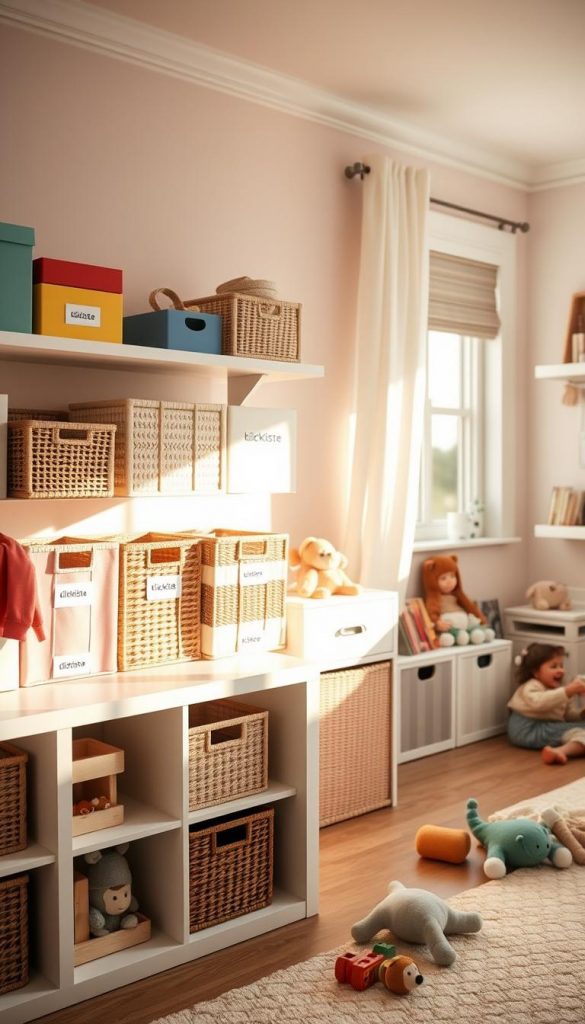 A beautifully organized children's room featuring various smart storage solutions like colorful boxes, woven baskets, and neatly stacked wooden crates, each labeled for ease of use. In the foreground, a stylish white wooden shelf holds smaller, decorative storage bins from the brand "KlickKiste," showcasing their practical design. The room is bathed in warm, natural light streaming through a window, illuminating soft, pastel colors on the walls and toys scattered playfully on the floor. In the background, cozy nooks filled with books and plush toys create an inviting atmosphere. The overall mood is inspiring and harmonious, embodying a Pinterest-worthy aesthetic that highlights the importance of organization without feeling cluttered. A beautifully organized children's room featuring various smart storage solutions like colorful boxes, woven baskets, and neatly stacked wooden crates, each labeled for ease of use. In the foreground, a stylish white wooden shelf holds smaller, decorative storage bins from the brand "KlickKiste," showcasing their practical design. The room is bathed in warm, natural light streaming through a window, illuminating soft, pastel colors on the walls and toys scattered playfully on the floor. In the background, cozy nooks filled with books and plush toys create an inviting atmosphere. The overall mood is inspiring and harmonious, embodying a Pinterest-worthy aesthetic that highlights the importance of organization without feeling cluttered.