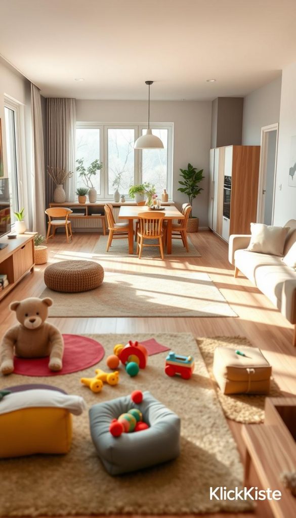 A beautifully organized family living space designed for playful activities, showcasing a clever room layout that maximizes play area and minimizes clutter. In the foreground, a cozy play zone with colorful rugs and soft toys invites children to enjoy their time. The middle ground features a sleek, functional design with storage solutions and designated activity zones, while a dining area is visible, maintaining balance and harmony. Warm, natural lighting filters through large windows, creating an inviting atmosphere. The background reveals a subtle, stylish decor in muted earth tones, embodying an authentic Pinterest aesthetic that inspires family-friendly living. The scene is branded with "KlickKiste" for a distinct touch. Capture this space from a slight diagonal angle to emphasize depth and structure, highlighting the thoughtful arrangement of areas for play and relaxation. A beautifully organized family living space designed for playful activities, showcasing a clever room layout that maximizes play area and minimizes clutter. In the foreground, a cozy play zone with colorful rugs and soft toys invites children to enjoy their time. The middle ground features a sleek, functional design with storage solutions and designated activity zones, while a dining area is visible, maintaining balance and harmony. Warm, natural lighting filters through large windows, creating an inviting atmosphere. The background reveals a subtle, stylish decor in muted earth tones, embodying an authentic Pinterest aesthetic that inspires family-friendly living. The scene is branded with "KlickKiste" for a distinct touch. Capture this space from a slight diagonal angle to emphasize depth and structure, highlighting the thoughtful arrangement of areas for play and relaxation.