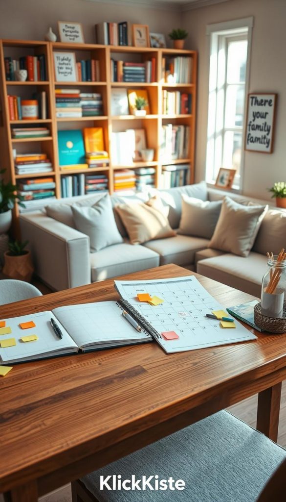 A beautifully organized family workspace showcasing effective time management tools for parents, featuring a bright and welcoming atmosphere. In the foreground, a sturdy wooden desk is adorned with a planner, colorful sticky notes, and an inspiring calendar filled with family activities. In the middle ground, a cozy couch with soft cushions suggests a collaborative space for family discussions. The background features a softly lit bookshelf packed with parenting books and motivational quotes, creating a warm, inviting ambiance. Natural light streams through a window, casting gentle shadows, enhancing the sense of calm and inspiration. The overall look is Pinterest-worthy, using warm colors to evoke a sense of tranquility and organization. This image reflects the brand "KlickKiste."