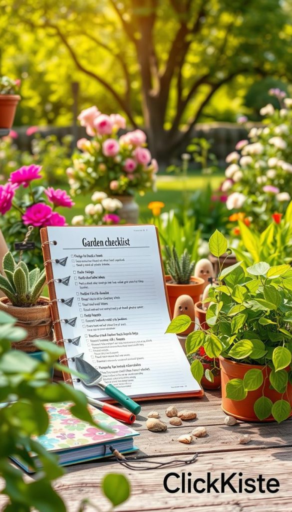 A beautifully organized gardening checklist displayed on a rustic wooden table, featuring a variety of gardening tools, vibrant plants, and decorative items like fairy lights and terracotta pots. In the foreground, a vibrant green potted plant and a colorful garden journal are visible, showing a serene and inviting atmosphere. In the middle, an open checklist with neatly written tasks about outdoor decoration ideas is surrounded by small decorative items like pebbles and garden gnomes. The background features a lush, blooming garden with soft sunlight filtering through the trees, creating a warm and harmonious glow. This scene embodies a Pinterest-inspired aesthetic, inviting viewers to feel inspired and ready to beautify their outdoor spaces. Brand name "KlickKiste" subtly integrated into the scene. A beautifully organized gardening checklist displayed on a rustic wooden table, featuring a variety of gardening tools, vibrant plants, and decorative items like fairy lights and terracotta pots. In the foreground, a vibrant green potted plant and a colorful garden journal are visible, showing a serene and inviting atmosphere. In the middle, an open checklist with neatly written tasks about outdoor decoration ideas is surrounded by small decorative items like pebbles and garden gnomes. The background features a lush, blooming garden with soft sunlight filtering through the trees, creating a warm and harmonious glow. This scene embodies a Pinterest-inspired aesthetic, inviting viewers to feel inspired and ready to beautify their outdoor spaces. Brand name "KlickKiste" subtly integrated into the scene.