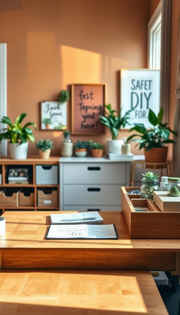 A beautifully organized home workspace with natural DIY elements, embodying the theme of safety and cleanliness. In the foreground, a sturdy wooden desk clutter-free and adorned with neat storage solutions like labeled boxes and jars, contributing to an organized atmosphere. The middle ground features a cozy, well-lit area with greenery, including potted plants that add warmth and life. The background showcases a minimally decorated wall with warm tones and inspirational DIY artwork, creating a Pinterest-worthy aesthetic. Soft, natural lighting filters through a nearby window, casting gentle shadows and enhancing the inviting mood. The overall image reflects a sense of authenticity and inspiration, especially with the brand name "KlickKiste" subtly integrated into the design, ensuring a professional look with modest and casual styling for any potential human presence.