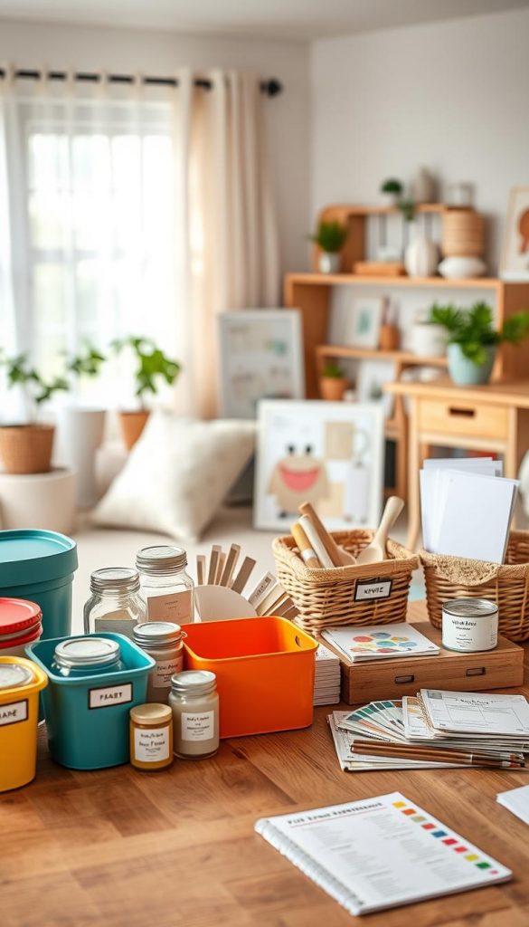 A beautifully organized household scene featuring a stylish DIY project layout. In the foreground, a wooden table displays neatly arranged containers and tools for organization, such as colorful baskets and labeled jars, all embodying a Pinterest-inspired aesthetic with warm, inviting colors. The middle ground showcases DIY home improvement projects in progress, featuring step-by-step materials like paint samples, fabric swatches, and a planner for crafting ideas. In the background, a cozy, well-lit room with soft, natural lighting filters through sheer curtains, enhancing the atmosphere of creativity and inspiration. The setting reflects a harmonious blend of functionality and design, evoking a mood of tranquility and order. The brand name "KlickKiste" is subtly incorporated through an elegant, understated product design in the scene.