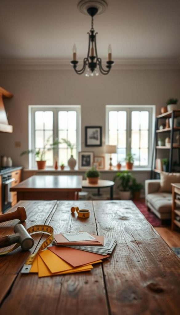 A beautifully organized kitchen and living room space showcasing stylish DIY regal tips. In the foreground, display a rustic wooden table adorned with essential DIY tools such as a hammer, measuring tape, and paint swatches in warm, inviting colors. In the middle ground, depict a cozy and elegant room, featuring a stylish regal shelf with tasteful decor items, potted plants, and artful books. The background features large windows allowing natural light to flood in, enhancing the warm atmosphere. Use soft, diffused lighting to create a harmonious ambiance. Capture the scene with a slightly elevated angle to provide depth, showcasing both functionality and aesthetics. The overall mood is inspirational, authentic, and approachable, embodying the essence of creativity from "KlickKiste".