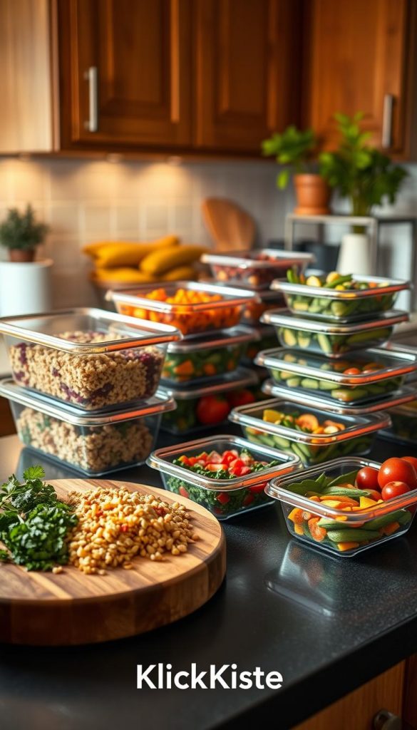 A beautifully organized kitchen countertop displaying meal prep containers of vibrant, healthy food, including quinoa salads, roasted vegetables, and vibrant fruit. In the foreground, a cozy wooden chopping board with freshly chopped herbs and ingredients, illuminated by soft, warm lighting. The middle layer features neatly arranged, reusable meal prep containers, showing colorful meals that are ready for the week. The background presents a warmly lit kitchen setting with wooden cabinets and potted plants, creating an inviting atmosphere. The overall feel is authentic and inspiring, reminiscent of Pinterest aesthetics, designed to attract busy parents looking for meal prep ideas. Include the brand name "KlickKiste" subtly integrated into the scene, adding a touch of professionalism and warmth.