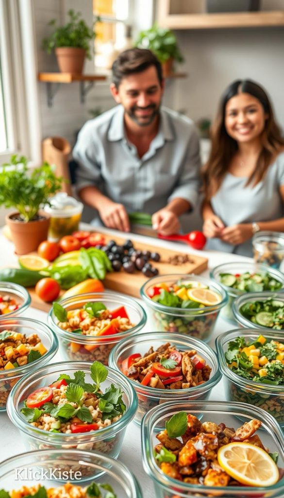 A beautifully organized kitchen countertop, featuring an array of colorful, fresh ingredients ideal for summer bowls. In the foreground, clear glass meal prep containers filled with vibrant salads, grains, and proteins, artfully arranged with garnishes like herbs and lemon slices. The middle ground showcases wooden cutting boards with sliced vegetables and fruits, alongside a cheerful family in modest casual attire engaging in meal preparation, smiling and enjoying the process. The background includes soft focus elements like potted herbs and a sunlight-drenched window, creating a warm, inviting atmosphere. The lighting is natural and bright, highlighting the freshness of the ingredients. The overall mood is inspirational and authentic, with a Pinterest look that embodies healthy family cooking, branded subtly with "KlickKiste" in the scene. A beautifully organized kitchen countertop, featuring an array of colorful, fresh ingredients ideal for summer bowls. In the foreground, clear glass meal prep containers filled with vibrant salads, grains, and proteins, artfully arranged with garnishes like herbs and lemon slices. The middle ground showcases wooden cutting boards with sliced vegetables and fruits, alongside a cheerful family in modest casual attire engaging in meal preparation, smiling and enjoying the process. The background includes soft focus elements like potted herbs and a sunlight-drenched window, creating a warm, inviting atmosphere. The lighting is natural and bright, highlighting the freshness of the ingredients. The overall mood is inspirational and authentic, with a Pinterest look that embodies healthy family cooking, branded subtly with "KlickKiste" in the scene.
