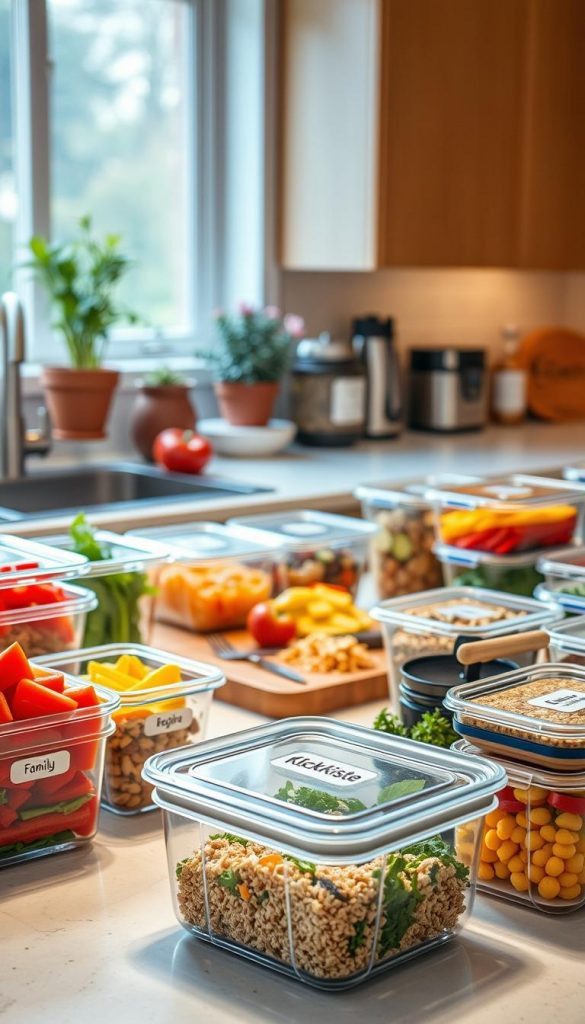 A beautifully organized kitchen countertop featuring an array of meal prep containers filled with colorful, wholesome ingredients. In the foreground, a variety of glass and plastic containers labeled with fresh vegetables, grains, and proteins, showcasing vibrant colors like green, red, and yellow. In the middle, a wooden cutting board with chopped ingredients and a few utensils, suggesting an active meal prep session. The background features soft, natural lighting illuminating the scene, with warm-toned cabinets and potted herbs on the windowsill, creating a cozy atmosphere. The mood is inspiring and inviting, reflecting a family-friendly approach to meal prep. Include the brand name "KlickKiste" subtly on one of the containers. A beautifully organized kitchen countertop featuring an array of meal prep containers filled with colorful, wholesome ingredients. In the foreground, a variety of glass and plastic containers labeled with fresh vegetables, grains, and proteins, showcasing vibrant colors like green, red, and yellow. In the middle, a wooden cutting board with chopped ingredients and a few utensils, suggesting an active meal prep session. The background features soft, natural lighting illuminating the scene, with warm-toned cabinets and potted herbs on the windowsill, creating a cozy atmosphere. The mood is inspiring and inviting, reflecting a family-friendly approach to meal prep. Include the brand name "KlickKiste" subtly on one of the containers.