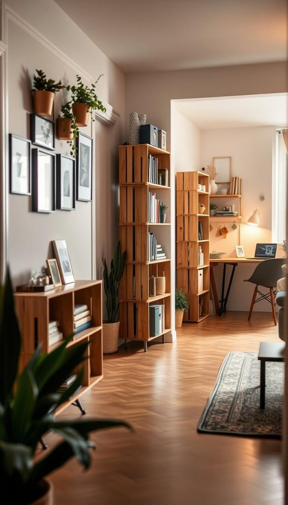 A beautifully organized living space that embodies the concept of “Ordnung” for small apartments. In the foreground, a stylish hallway featuring wall-mounted storage solutions with decorative plants and framed artwork, showcasing a harmonious blend of functionality and aesthetics. The middle ground includes a cozy living room with a DIY bookshelf made from wooden crates, filled with books and decorative items, along with a small desk area adorned with office supplies and a laptop. In the background, a softly lit kitchen corner with neatly arranged utensils and a small dining table. The lighting is warm and inviting, creating a Pinterest-worthy atmosphere. Capture this scene using a wide-angle lens to emphasize the spaciousness and inspiration in the design. The overall mood should be authentic and inspiring, reflecting the DIY spirit of KlickKiste.