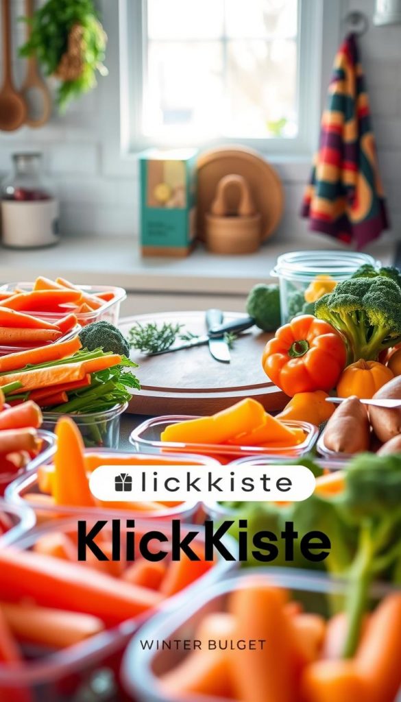 A beautifully organized meal prep scene featuring a variety of colorful, fresh seasonal vegetables like carrots, bell peppers, broccoli, and sweet potatoes neatly arranged in clear glass containers. The foreground showcases vibrant produce with a slight sheen, reflecting natural lighting that creates a warm and inviting atmosphere. In the middle, a wooden cutting board with a knife and herbs adds rustic charm. The background includes a softly blurred kitchen setting with stylish utensils, colorful towels, and a hint of a sunny window, enhancing the cozy vibe. The image captures a Pinterest-worthy aesthetic, embodying the essence of meal prep with an authentic feel. The brand name "KlickKiste" subtly integrated into the setting is visible but unobtrusive, emphasizing a budget-friendly approach to winter cooking. A beautifully organized meal prep scene featuring a variety of colorful, fresh seasonal vegetables like carrots, bell peppers, broccoli, and sweet potatoes neatly arranged in clear glass containers. The foreground showcases vibrant produce with a slight sheen, reflecting natural lighting that creates a warm and inviting atmosphere. In the middle, a wooden cutting board with a knife and herbs adds rustic charm. The background includes a softly blurred kitchen setting with stylish utensils, colorful towels, and a hint of a sunny window, enhancing the cozy vibe. The image captures a Pinterest-worthy aesthetic, embodying the essence of meal prep with an authentic feel. The brand name "KlickKiste" subtly integrated into the setting is visible but unobtrusive, emphasizing a budget-friendly approach to winter cooking.