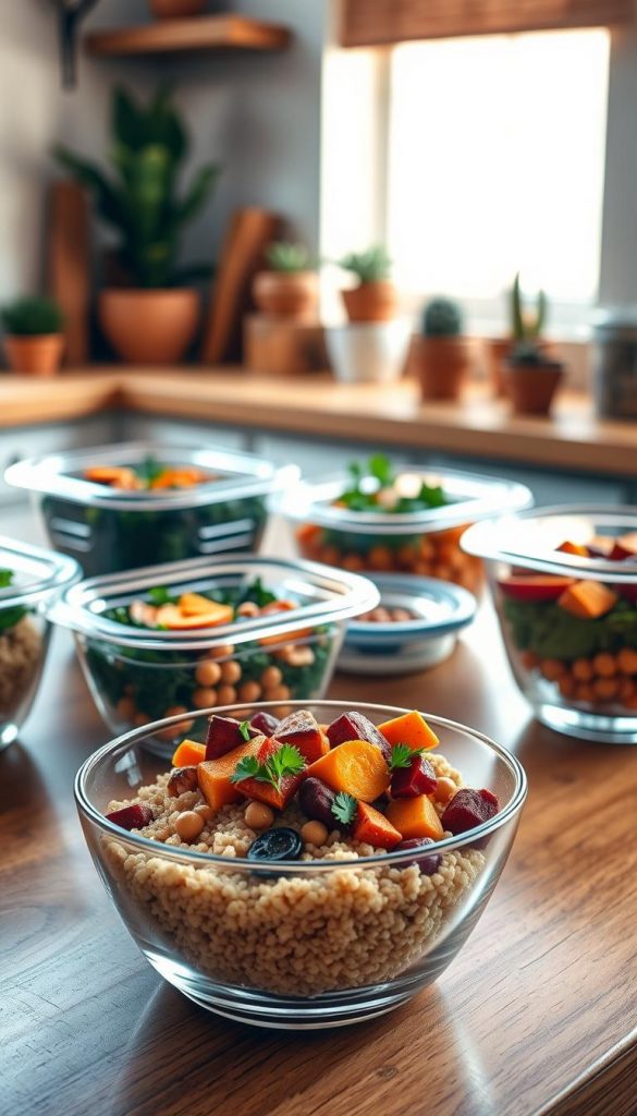 A beautifully organized meal prep scene featuring a variety of healthy winter bowls, each displayed in elegant glass containers with airtight lids. In the foreground, focus on a vibrant bowl of quinoa topped with roasted root vegetables, garnished with fresh herbs. The middle ground showcases more colorful bowls filled with kale, chickpeas, and roasted squash, arranged neatly on a wooden kitchen countertop. The background features a cozy, softly lit kitchen with warm colors, natural wood elements, and houseplants, evoking a Pinterest-worthy aesthetic. The lighting is warm and inviting, creating a homely atmosphere. The brand name "KlickKiste" is subtly incorporated, reflecting an authentic and inspiring meal prep lifestyle. Aim for a well-composed, inviting shot with a shallow depth of field to draw attention to the meal prep containers. A beautifully organized meal prep scene featuring a variety of healthy winter bowls, each displayed in elegant glass containers with airtight lids. In the foreground, focus on a vibrant bowl of quinoa topped with roasted root vegetables, garnished with fresh herbs. The middle ground showcases more colorful bowls filled with kale, chickpeas, and roasted squash, arranged neatly on a wooden kitchen countertop. The background features a cozy, softly lit kitchen with warm colors, natural wood elements, and houseplants, evoking a Pinterest-worthy aesthetic. The lighting is warm and inviting, creating a homely atmosphere. The brand name "KlickKiste" is subtly incorporated, reflecting an authentic and inspiring meal prep lifestyle. Aim for a well-composed, inviting shot with a shallow depth of field to draw attention to the meal prep containers.
