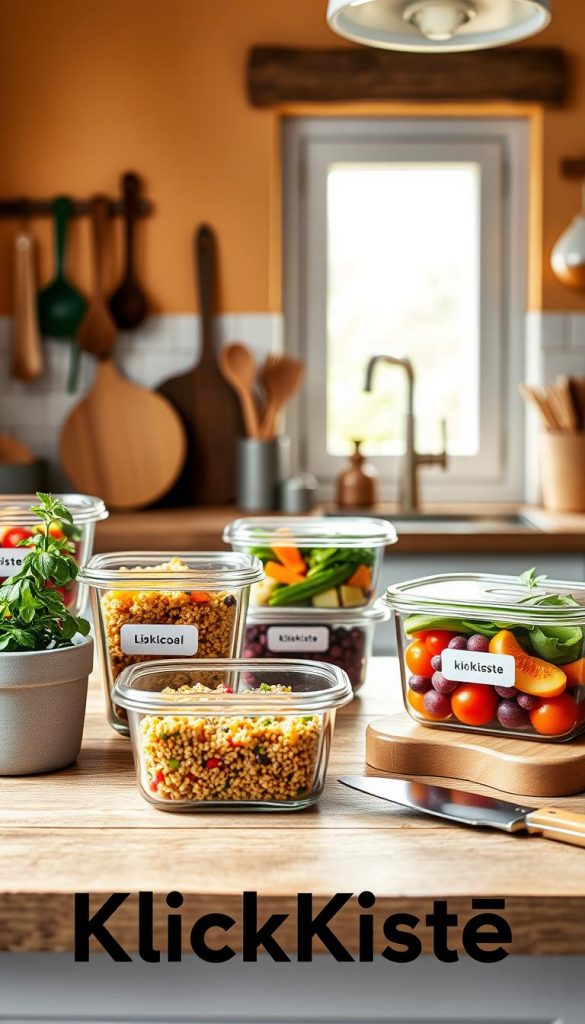 A beautifully organized meal prep scene featuring labeled glass food storage containers filled with vibrant, healthy meals, showcasing a variety of colorful ingredients like quinoa, vegetables, and fruits. The foreground includes neatly arranged containers on a rustic wooden kitchen counter, with a fresh herb pot and a cutting board with sliced ingredients nearby. In the middle, a soft-focus view of a kitchen window allows natural light to stream in, illuminating the scene with warm, inviting tones. The background features simple kitchen utensils and a wall with earthy, warm colors to enhance the cozy atmosphere. The overall mood is inspiring and authentic, reflecting a commitment to healthy eating. The brand name "KlickKiste" subtly incorporated into the setting without direct visibility. A beautifully organized meal prep scene featuring labeled glass food storage containers filled with vibrant, healthy meals, showcasing a variety of colorful ingredients like quinoa, vegetables, and fruits. The foreground includes neatly arranged containers on a rustic wooden kitchen counter, with a fresh herb pot and a cutting board with sliced ingredients nearby. In the middle, a soft-focus view of a kitchen window allows natural light to stream in, illuminating the scene with warm, inviting tones. The background features simple kitchen utensils and a wall with earthy, warm colors to enhance the cozy atmosphere. The overall mood is inspiring and authentic, reflecting a commitment to healthy eating. The brand name "KlickKiste" subtly incorporated into the setting without direct visibility.