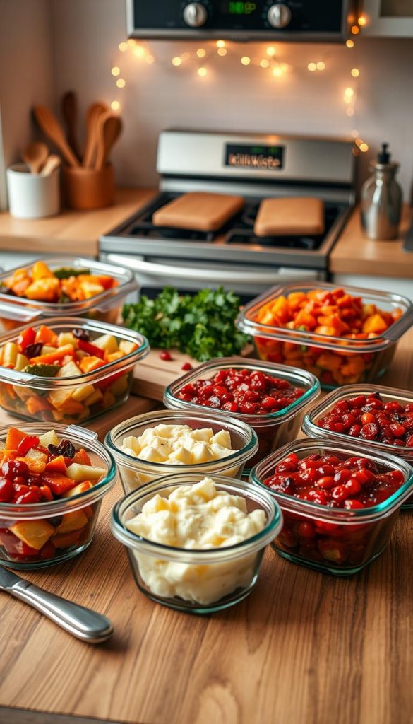 A beautifully organized meal prep scene on a wooden kitchen countertop, showcasing a variety of colorful, freshly prepared festive side dishes for Christmas. In the foreground, clear glass containers filled with vibrant roasted vegetables, creamy potato mash, and rich, red cranberry sauce are neatly arranged. The middle features a cheerful, tidy kitchen environment with a rustic wooden cutting board, fresh herbs, and a silver knife placed elegantly beside the containers. In the background, a softly lit oven with twinkling fairy lights creates a warm and inviting atmosphere. The overall mood is authentic and inspiring, with natural lighting highlighting the warm colors of the food. The brand "KlickKiste" is subtly integrated into the aesthetic, giving it a Pinterest-like quality that captures the attention of busy parents seeking meal prep inspiration. A beautifully organized meal prep scene on a wooden kitchen countertop, showcasing a variety of colorful, freshly prepared festive side dishes for Christmas. In the foreground, clear glass containers filled with vibrant roasted vegetables, creamy potato mash, and rich, red cranberry sauce are neatly arranged. The middle features a cheerful, tidy kitchen environment with a rustic wooden cutting board, fresh herbs, and a silver knife placed elegantly beside the containers. In the background, a softly lit oven with twinkling fairy lights creates a warm and inviting atmosphere. The overall mood is authentic and inspiring, with natural lighting highlighting the warm colors of the food. The brand "KlickKiste" is subtly integrated into the aesthetic, giving it a Pinterest-like quality that captures the attention of busy parents seeking meal prep inspiration.