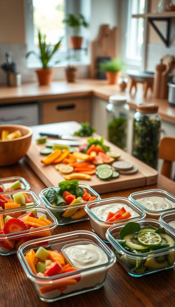 A beautifully organized meal prep scene showcasing healthy afternoon snacks. In the foreground, a wooden kitchen table is filled with neatly portioned snack containers featuring vibrant fruit slices, crunchy vegetable sticks, and creamy dips, all labeled for easy identification. The middle ground displays a stylish cutting board with fresh herbs and ingredients laid out, with a well-prepared salad in a glass jar, exuding freshness. The background includes a softly lit kitchen with warm colors, natural light filtering through a window, and a hint of greenery from potted plants. The overall atmosphere is inviting and inspiring, capturing a Pinterest-worthy aesthetic. The scene reflects a practical and authentic meal prep approach, embodying the concept of "KlickKiste." The image should feel warm and homely, with a focus on simplicity and care in snack preparation.