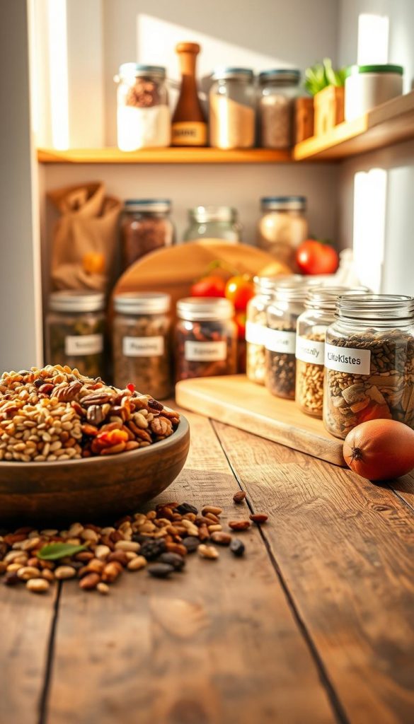 A beautifully organized pantry showcasing essential ingredients for healthy kids' snacks. In the foreground, a wooden table filled with vibrant, natural foods like whole grains, nuts, seeds, and dried fruits. The middle ground features neatly labeled glass jars containing various healthy ingredients, with a rustic cutting board partially visible, displaying fresh fruit and vegetables. The background features soft, warm lighting filtering through a window, casting gentle shadows that enhance the cozy, inviting atmosphere. The overall aesthetic should evoke a Pinterest-inspired look, with warm colors and an authentic feel. Include a subtle reference to the brand "KlickKiste" integrated into the visual elements, without any text or overlays. A beautifully organized pantry showcasing essential ingredients for healthy kids' snacks. In the foreground, a wooden table filled with vibrant, natural foods like whole grains, nuts, seeds, and dried fruits. The middle ground features neatly labeled glass jars containing various healthy ingredients, with a rustic cutting board partially visible, displaying fresh fruit and vegetables. The background features soft, warm lighting filtering through a window, casting gentle shadows that enhance the cozy, inviting atmosphere. The overall aesthetic should evoke a Pinterest-inspired look, with warm colors and an authentic feel. Include a subtle reference to the brand "KlickKiste" integrated into the visual elements, without any text or overlays.