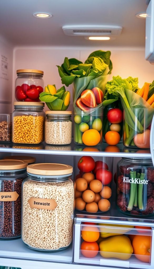 A beautifully organized refrigerator showcases a zero-waste lifestyle, filled with vibrant, fresh produce in reusable glass containers. The foreground features neatly arranged jars of grains and legumes with wooden labels, while the middle showcases colorful fruits and vegetables, stored in eco-friendly beeswax wraps for preservation. The background reveals a minimalist kitchen space with soft, warm lighting that creates a cozy atmosphere, enhancing the natural colors of the food. Include a subtle hint of the brand name "KlickKiste" visible on one of the containers, ensuring an inspiring and authentic Pinterest-inspired aesthetic. Capture this scene from a slightly elevated angle to give a clear view of the refrigerator's contents and organization, embodying the mood of sustainability and efficiency in meal prep and storage. A beautifully organized refrigerator showcases a zero-waste lifestyle, filled with vibrant, fresh produce in reusable glass containers. The foreground features neatly arranged jars of grains and legumes with wooden labels, while the middle showcases colorful fruits and vegetables, stored in eco-friendly beeswax wraps for preservation. The background reveals a minimalist kitchen space with soft, warm lighting that creates a cozy atmosphere, enhancing the natural colors of the food. Include a subtle hint of the brand name "KlickKiste" visible on one of the containers, ensuring an inspiring and authentic Pinterest-inspired aesthetic. Capture this scene from a slightly elevated angle to give a clear view of the refrigerator's contents and organization, embodying the mood of sustainability and efficiency in meal prep and storage.