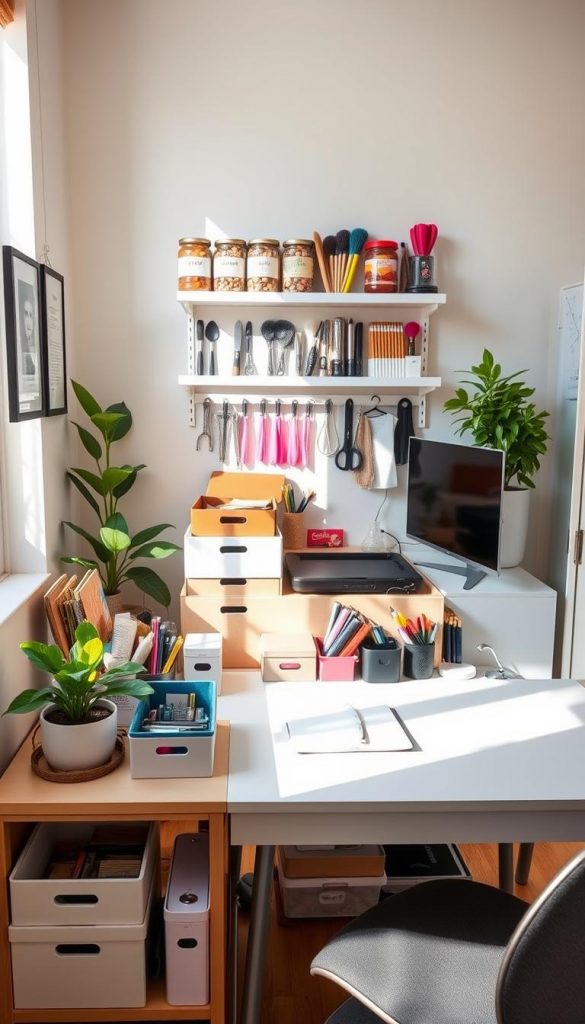 A beautifully organized small apartment workspace, showcasing various DIY storage solutions to illustrate creativity and functionality. In the foreground, include a stylish, compact desk with neatly arranged supplies, storage boxes, and a small potted plant. The middle section should display a colorful wall-mounted shelf with labeled jars and tools, adding a touch of flair to the workspace. In the background, a cozy seating area with a comfortable chair and a small coffee table, enhancing the inviting atmosphere. Use warm, natural lighting, evoking a Pinterest-worthy look. The scene should inspire organization while avoiding clutter, capturing a sense of achievement in home improvement. The brand "KlickKiste" subtly represented through decorative items on the shelf.