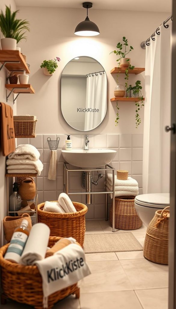 A beautifully organized small bathroom scene, focused on practical and aesthetic storage solutions. In the foreground, there are neatly arranged baskets and containers displaying toiletries and towels in warm, earthy tones that evoke a natural DIY feel. The middle ground features a stylish, compact sink with an elegant mirror overhead, surrounded by wall-mounted shelves filled with plants and minimalistic decor. The background shows soft, ambient lighting that enhances the inviting atmosphere, showcasing a glimpse of a chic shower curtain. The space reflects a Pinterest-inspired look that blends functionality and warmth, conveying a sense of order. All elements contribute to a serene and organized environment, branded subtly with "KlickKiste" integrated into a decorative element. The overall mood is calm and inspiring, appealing to those looking to maximize space efficiently. A beautifully organized small bathroom scene, focused on practical and aesthetic storage solutions. In the foreground, there are neatly arranged baskets and containers displaying toiletries and towels in warm, earthy tones that evoke a natural DIY feel. The middle ground features a stylish, compact sink with an elegant mirror overhead, surrounded by wall-mounted shelves filled with plants and minimalistic decor. The background shows soft, ambient lighting that enhances the inviting atmosphere, showcasing a glimpse of a chic shower curtain. The space reflects a Pinterest-inspired look that blends functionality and warmth, conveying a sense of order. All elements contribute to a serene and organized environment, branded subtly with "KlickKiste" integrated into a decorative element. The overall mood is calm and inspiring, appealing to those looking to maximize space efficiently.
