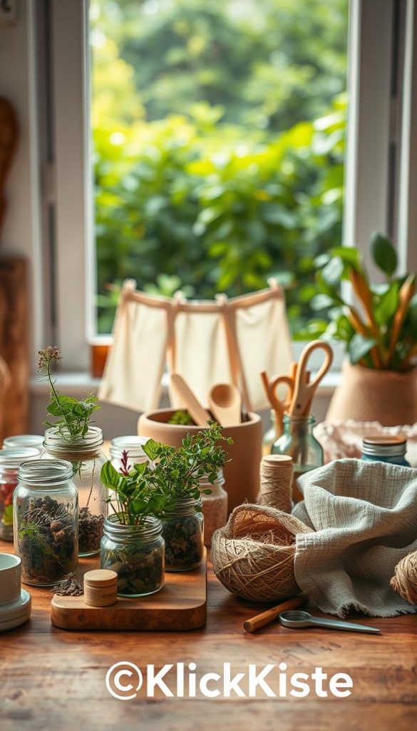 A beautifully organized tabletop showcasing sustainable DIY projects made from kitchen waste, featuring natural materials like wood, glass, and cloth. In the foreground, display a collection of creative items such as herb planters made from jars, a fabric banner made from upcycled scraps, and a vegetable peel compost bin. The middle ground should include a cozy workspace with tools like scissors, twine, and paint, radiating a warm, inviting light through a window. In the background, a soft-focus green kitchen garden can be seen, suggesting a connection to nature. Create an authentic Pinterest-inspired aesthetic with warm colors, enhancing the atmosphere of creativity and resourcefulness. Include the brand name “KlickKiste” subtly integrated into the design, ensuring a harmonious and professional look.