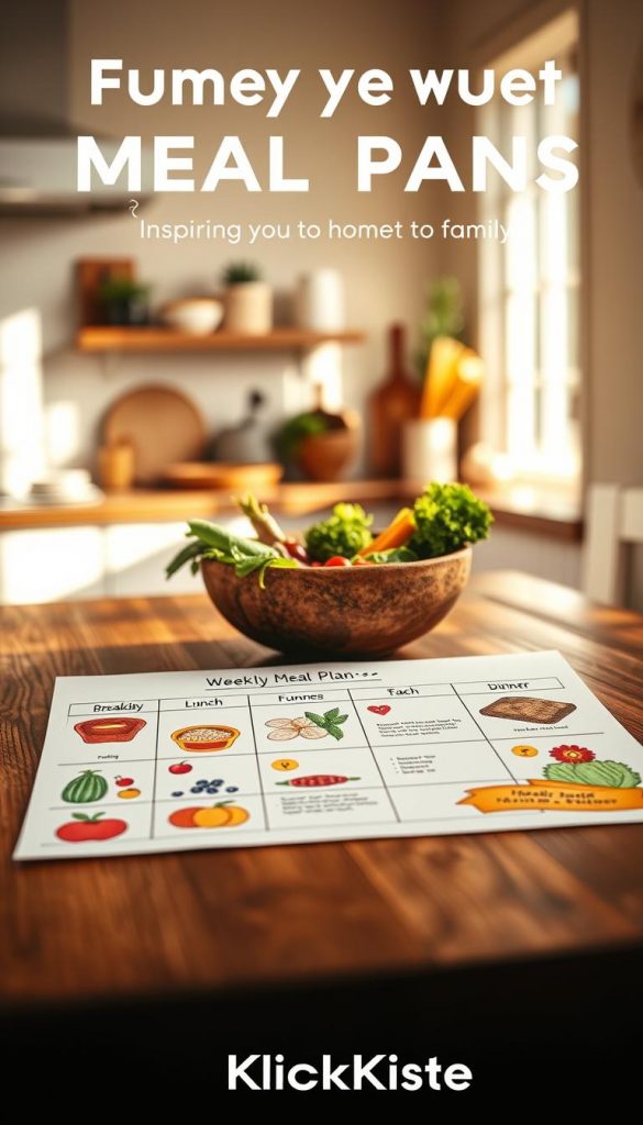 A beautifully organized weekly meal plan displayed on a wooden kitchen table, featuring colorful and nutritious meal arrangements. The foreground showcases a printed meal plan with sections for breakfast, lunch, and dinner, adorned with vibrant illustrations of fruits and vegetables. In the middle, a rustic bowl filled with fresh ingredients like greens, grains, and proteins, emphasizing a healthy lifestyle. The background captures a softly lit, cozy kitchen ambiance, with warm colors and natural sunlight streaming through a window, enhancing the inviting and homely atmosphere. The overall mood is inspiring and authentic, reflecting a family-friendly approach to meal prepping. The image should subtly evoke the brand "KlickKiste" through visual cues like a branded meal prep container. A beautifully organized weekly meal plan displayed on a wooden kitchen table, featuring colorful and nutritious meal arrangements. The foreground showcases a printed meal plan with sections for breakfast, lunch, and dinner, adorned with vibrant illustrations of fruits and vegetables. In the middle, a rustic bowl filled with fresh ingredients like greens, grains, and proteins, emphasizing a healthy lifestyle. The background captures a softly lit, cozy kitchen ambiance, with warm colors and natural sunlight streaming through a window, enhancing the inviting and homely atmosphere. The overall mood is inspiring and authentic, reflecting a family-friendly approach to meal prepping. The image should subtly evoke the brand "KlickKiste" through visual cues like a branded meal prep container.