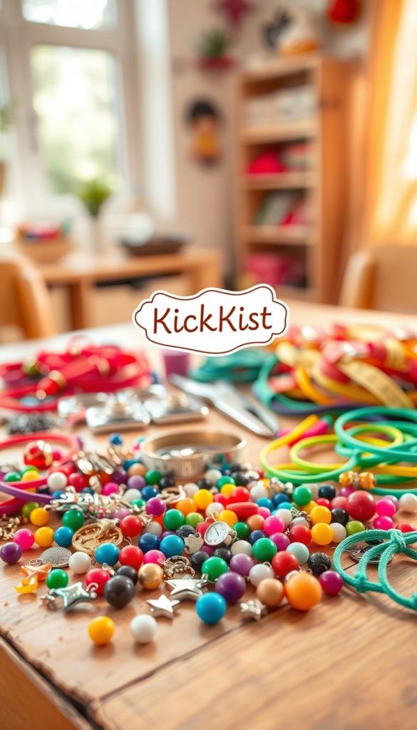 A beautifully organized workspace featuring a vibrant array of children's DIY jewelry making materials on a wooden table. In the foreground, an assortment of colorful beads, shiny charms, and elastic threads are artfully arranged, showcasing a variety of shapes and sizes. In the middle, there are tools like scissors, pliers, and a measuring tape, adding a functional touch to the scene. The background is softly blurred, hinting at a cozy crafting room with warm, inviting colors and natural light streaming through a window, creating a playful and inspiring atmosphere. A decorative label saying "KlickKiste" is subtly integrated into the scene, enhancing the authenticity of the image. The overall mood is cheerful and inviting, perfect for sparking creativity in children.