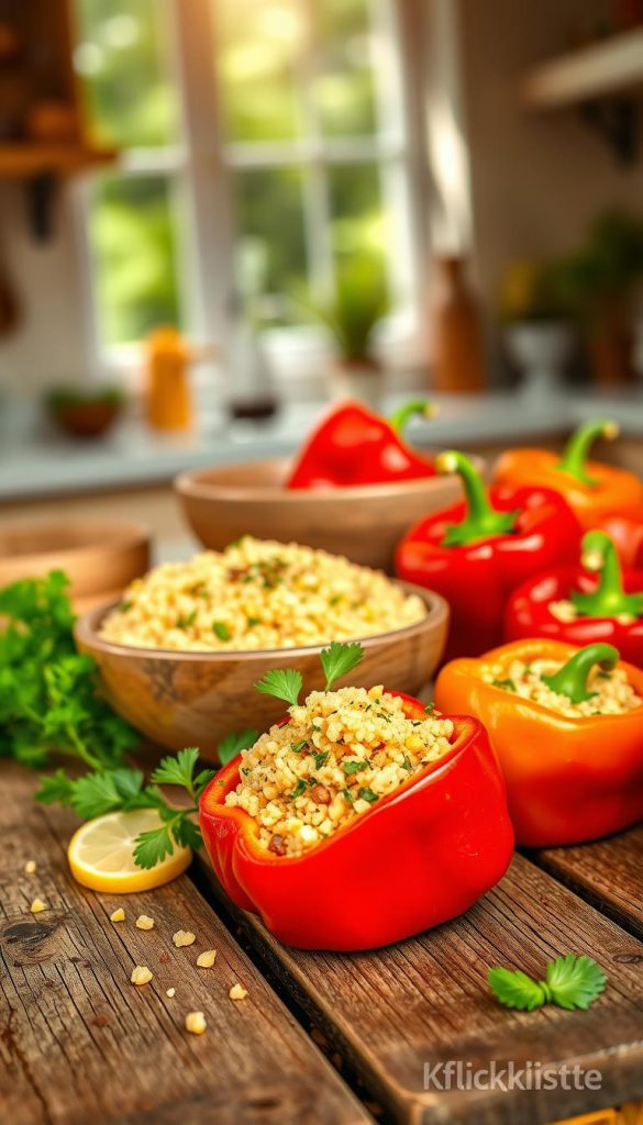 A beautifully presented dish of paprika couscous, featuring vibrant red bell peppers filled with fluffy couscous mixed with fresh herbs and a hint of zesty lemon. The foreground showcases the colorful stuffed paprikas elegantly arranged on a rustic wooden table, garnished with sprigs of parsley and lemon wedges. In the middle, a bowl of couscous with herbs and spices adds a warm, inviting touch, while a soft-focus background reveals a sunlit kitchen ambiance, with natural light streaming in through a window. The scene captures an inspiring, authentic summer vibe with warm colors and a cozy atmosphere. The overall mood is fresh and appetizing, ideal for a healthy meal. Brand name "KlickKiste" subtly implied through the natural presentation. A beautifully presented dish of paprika couscous, featuring vibrant red bell peppers filled with fluffy couscous mixed with fresh herbs and a hint of zesty lemon. The foreground showcases the colorful stuffed paprikas elegantly arranged on a rustic wooden table, garnished with sprigs of parsley and lemon wedges. In the middle, a bowl of couscous with herbs and spices adds a warm, inviting touch, while a soft-focus background reveals a sunlit kitchen ambiance, with natural light streaming in through a window. The scene captures an inspiring, authentic summer vibe with warm colors and a cozy atmosphere. The overall mood is fresh and appetizing, ideal for a healthy meal. Brand name "KlickKiste" subtly implied through the natural presentation.