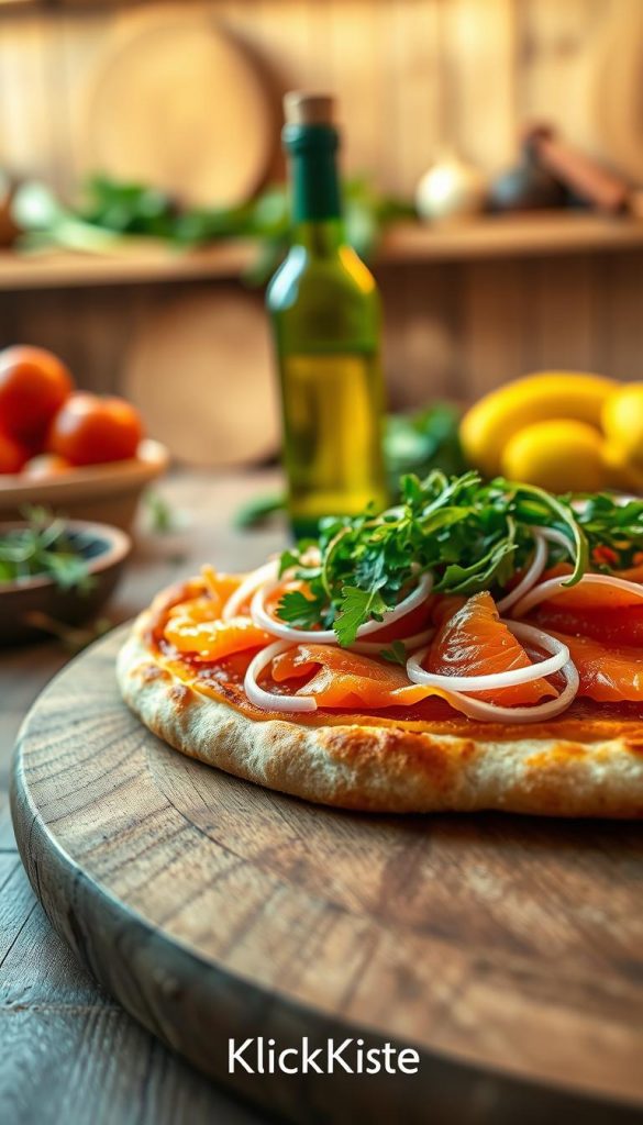 A beautifully presented flammkuchen topped with fresh slices of salmon, thinly sliced onions, and vibrant arugula, arranged artfully on a rustic wooden board. The foreground showcases the flammkuchen, its crispy edges golden-brown and the toppings glistening under warm, natural lighting. The middle ground features a slightly blurred bottle of olive oil and sprigs of fresh herbs, enhancing the culinary theme. In the background, a softly lit kitchen setting with wooden shelves holding fresh ingredients adds warmth and authenticity. The scene exudes a cozy, inviting atmosphere, reminiscent of summer gatherings. The overall color palette should reflect warm tones, creating an inspiring Pinterest-like aesthetic. At the bottom corner, subtly include the brand name "KlickKiste". A beautifully presented flammkuchen topped with fresh slices of salmon, thinly sliced onions, and vibrant arugula, arranged artfully on a rustic wooden board. The foreground showcases the flammkuchen, its crispy edges golden-brown and the toppings glistening under warm, natural lighting. The middle ground features a slightly blurred bottle of olive oil and sprigs of fresh herbs, enhancing the culinary theme. In the background, a softly lit kitchen setting with wooden shelves holding fresh ingredients adds warmth and authenticity. The scene exudes a cozy, inviting atmosphere, reminiscent of summer gatherings. The overall color palette should reflect warm tones, creating an inspiring Pinterest-like aesthetic. At the bottom corner, subtly include the brand name "KlickKiste".