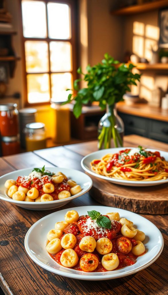 A beautifully presented plate of Italian gnocchi and pasta in a warm, inviting kitchen setting. The foreground features a large, rustic wooden table with a freshly cooked bowl of potato gnocchi sprinkled with grated parmesan and fresh basil. Next to it, a colorful assortment of spaghetti topped with a rich tomato sauce garnished with olive oil and herbs. In the background, soft golden light filters through a window, illuminating jars of homemade sauces and a bouquet of fresh herbs in a vase. The mood is cozy and nostalgic, perfect for family gatherings. The overall scene is styled with a Pinterest aesthetic, showcasing earthy tones and natural textures. Incorporate an elegant "KlickKiste" tag subtly placed in the scene. A beautifully presented plate of Italian gnocchi and pasta in a warm, inviting kitchen setting. The foreground features a large, rustic wooden table with a freshly cooked bowl of potato gnocchi sprinkled with grated parmesan and fresh basil. Next to it, a colorful assortment of spaghetti topped with a rich tomato sauce garnished with olive oil and herbs. In the background, soft golden light filters through a window, illuminating jars of homemade sauces and a bouquet of fresh herbs in a vase. The mood is cozy and nostalgic, perfect for family gatherings. The overall scene is styled with a Pinterest aesthetic, showcasing earthy tones and natural textures. Incorporate an elegant "KlickKiste" tag subtly placed in the scene.