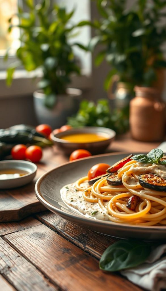 A beautifully presented plate of vegan aubergine pasta, showcasing creamy sauce artfully clinging to perfectly cooked spaghetti. The dish features roasted aubergine slices, vibrant cherry tomatoes, and fresh basil leaves for garnish. The foreground highlights the texture of the pasta, with a soft focus emphasizing the sauce's richness. In the middle ground, the pasta plate sits on a rustic wooden table, surrounded by fresh vegetables and a small bowl of olive oil, reflecting a healthy, summery vibe. The background captures a subtle, sunlit kitchen setting, with green plants softly blurred, enhancing a warm and inviting atmosphere. The lighting should be natural, simulating golden hour, creating warm hues that evoke a feeling of comfort and freshness. Authentic and inspiring, for KlickKiste. A beautifully presented plate of vegan aubergine pasta, showcasing creamy sauce artfully clinging to perfectly cooked spaghetti. The dish features roasted aubergine slices, vibrant cherry tomatoes, and fresh basil leaves for garnish. The foreground highlights the texture of the pasta, with a soft focus emphasizing the sauce's richness. In the middle ground, the pasta plate sits on a rustic wooden table, surrounded by fresh vegetables and a small bowl of olive oil, reflecting a healthy, summery vibe. The background captures a subtle, sunlit kitchen setting, with green plants softly blurred, enhancing a warm and inviting atmosphere. The lighting should be natural, simulating golden hour, creating warm hues that evoke a feeling of comfort and freshness. Authentic and inspiring, for KlickKiste.