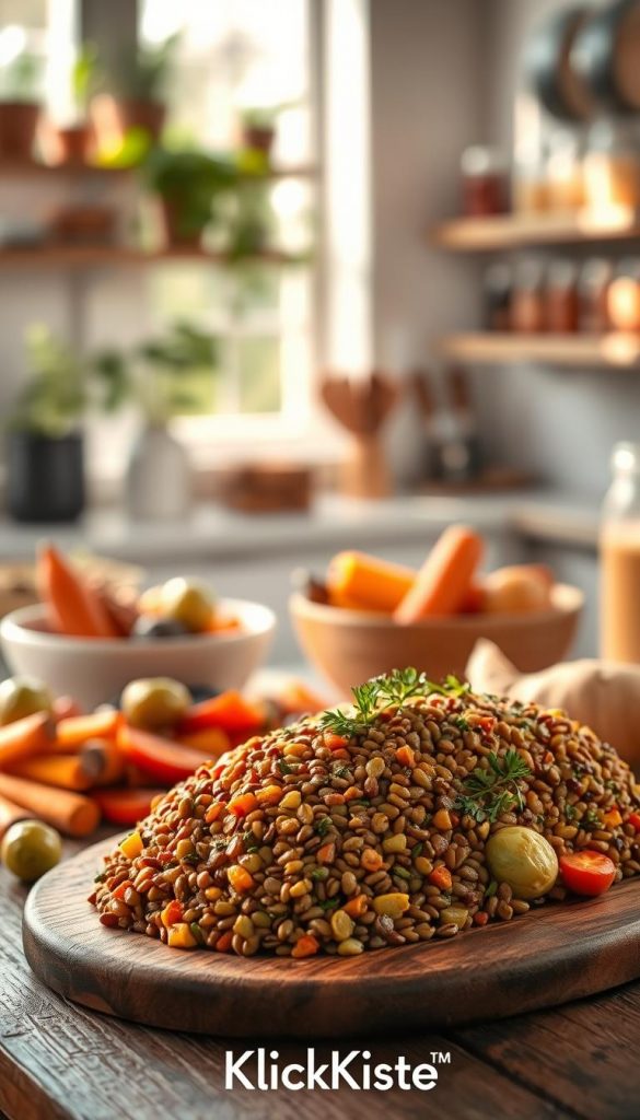 A beautifully presented vegetarian lentil roast, garnished with fresh herbs, sits prominently in the foreground on a rustic wooden table. Surrounding the roast are vibrant, roasted seasonal vegetables such as carrots, Brussels sprouts, and sweet potatoes, their colors glowing in warm, inviting tones. In the middle ground, soft, diffused sunlight streams through a nearby window, creating a cozy and inviting atmosphere. The background features a softly blurred kitchen scene, hinting at home cooking, with plants and spices arranged neatly on open shelves. The overall mood is warm and rustic, capturing the essence of healthy, hearty winter meals. This image embodies an authentic, Pinterest-inspired culinary aesthetic, perfect for a contemporary cooking article. The brand name "KlickKiste" subtly integrated into the scene, complements the visual appeal. A beautifully presented vegetarian lentil roast, garnished with fresh herbs, sits prominently in the foreground on a rustic wooden table. Surrounding the roast are vibrant, roasted seasonal vegetables such as carrots, Brussels sprouts, and sweet potatoes, their colors glowing in warm, inviting tones. In the middle ground, soft, diffused sunlight streams through a nearby window, creating a cozy and inviting atmosphere. The background features a softly blurred kitchen scene, hinting at home cooking, with plants and spices arranged neatly on open shelves. The overall mood is warm and rustic, capturing the essence of healthy, hearty winter meals. This image embodies an authentic, Pinterest-inspired culinary aesthetic, perfect for a contemporary cooking article. The brand name "KlickKiste" subtly integrated into the scene, complements the visual appeal.