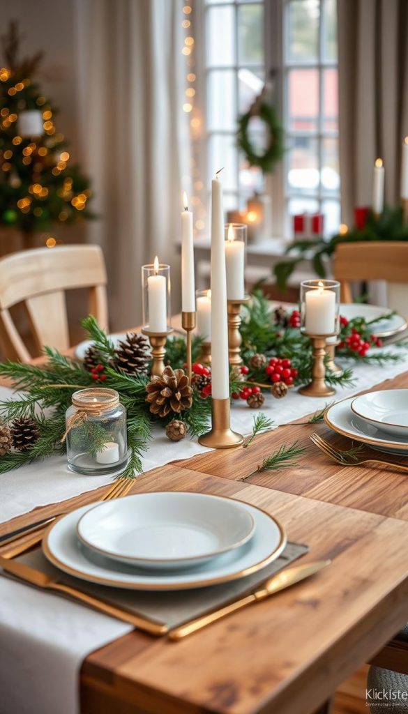 A beautifully set Christmas dining table, showcasing elegant tabletop decorations inspired by natural DIY aesthetics. In the foreground, a wooden table adorned with a white tablecloth, artfully arranged with pinecones, red berries, and small glass lanterns. In the middle, delicate tableware featuring rustic ceramic plates and golden cutlery, complemented by fresh greenery and fragrant white candles flickering softly. The background features a cozy ambiance with softly twinkling fairy lights and a warm glow. Capture this scene with natural daylight streaming in, using a gentle focus that highlights the festive details, creating an inviting and inspirational atmosphere. This image reflects the spirit of "KlickKiste" and offers a Pinterest-worthy look for holiday table settings.