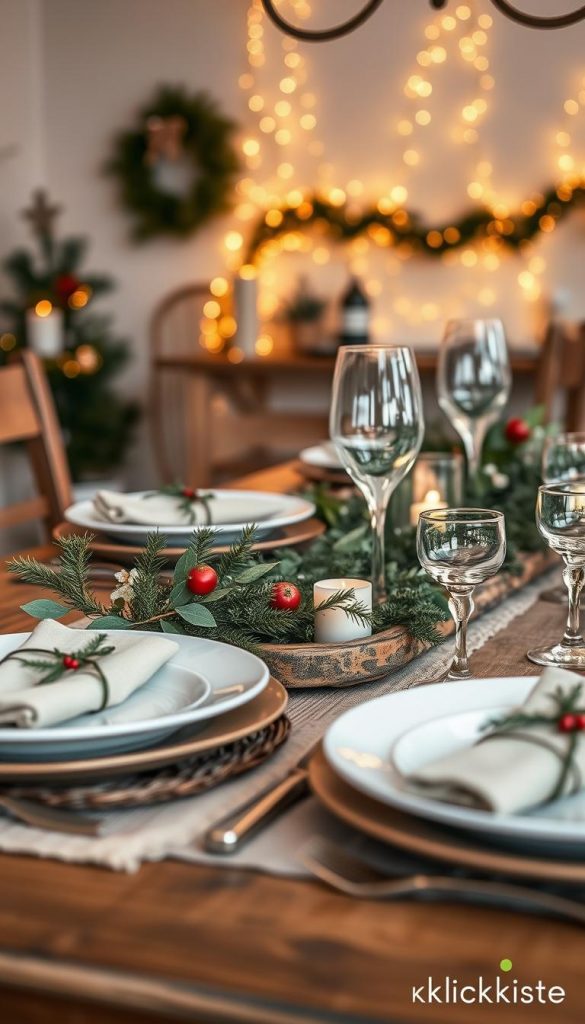 A beautifully set dining table showcasing a tischläufer, featuring a warm, inviting color palette. In the foreground, a detailed view of the tischläufer made from natural materials, adorned with subtle Christmas motifs in soft greens and reds. The middle ground captures elegant tableware, including rustic ceramic plates and sparkling glassware, arranged harmoniously to create an inspiring holiday atmosphere. In the background, soft Christmas lights twinkle gently, adding a magical touch to the scene. The lighting is warm and soft, reminiscent of cozy family gatherings, while the angle is slightly elevated to capture the entire setting's charm. This natural DIY image embodies a Pinterest-worthy aesthetic, promoting authenticity and inspiration, branded subtly with "KlickKiste" in the design.