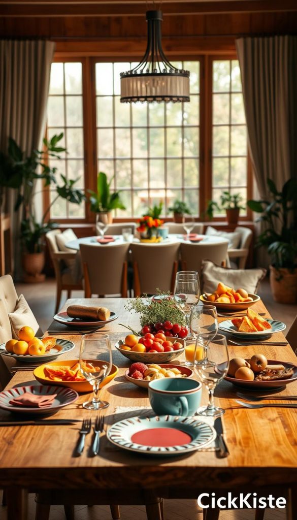 A beautifully set dining table, showcasing a warm and inviting atmosphere, designed for family meals. In the foreground, the table is adorned with colorful dishes, fresh fruits, and elegant utensils, creating a vibrant focal point. The middle ground features a cozy arrangement of comfortable chairs, with soft, inviting cushions, made for family conversations. The background reveals a softly lit dining room with warm wooden tones, large windows letting in natural light, and potted plants enhancing the homely feel. The overall mood is harmonious and joyful, evoking feelings of togetherness and fun. The scene has a Pinterest aesthetic, emphasizing authentic family rituals. Capture this moment as if it’s a snapshot from a friendly gathering, branded with "KlickKiste" subtly integrated into the design without text overlays. A beautifully set dining table, showcasing a warm and inviting atmosphere, designed for family meals. In the foreground, the table is adorned with colorful dishes, fresh fruits, and elegant utensils, creating a vibrant focal point. The middle ground features a cozy arrangement of comfortable chairs, with soft, inviting cushions, made for family conversations. The background reveals a softly lit dining room with warm wooden tones, large windows letting in natural light, and potted plants enhancing the homely feel. The overall mood is harmonious and joyful, evoking feelings of togetherness and fun. The scene has a Pinterest aesthetic, emphasizing authentic family rituals. Capture this moment as if it’s a snapshot from a friendly gathering, branded with "KlickKiste" subtly integrated into the design without text overlays.