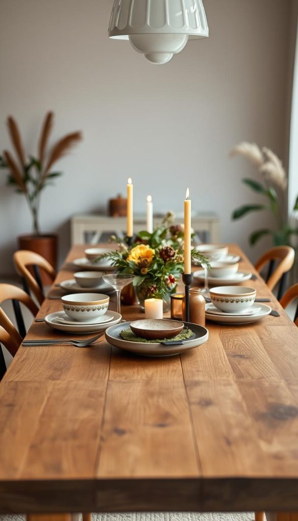 A beautifully set modern dining table adorned with natural DIY decor elements in warm, inviting colors. The foreground features an elegant wooden table with a rustic finish, surrounded by stylish chairs, all arranged for an intimate dinner party. In the middle ground, the table is decorated with quaint centerpieces of seasonal flowers, candles, and artisanal dishware to create a cozy atmosphere. The background includes soft ambient lighting that enhances the warmth of the scene, with hints of greenery and subtle textures. The mood is authentic and inspiring, reminiscent of Pinterest aesthetics. Capture the essence of planning a modern table setting as envisioned by "KlickKiste." Use a soft focus lens to create a dreamy depth of field effect.