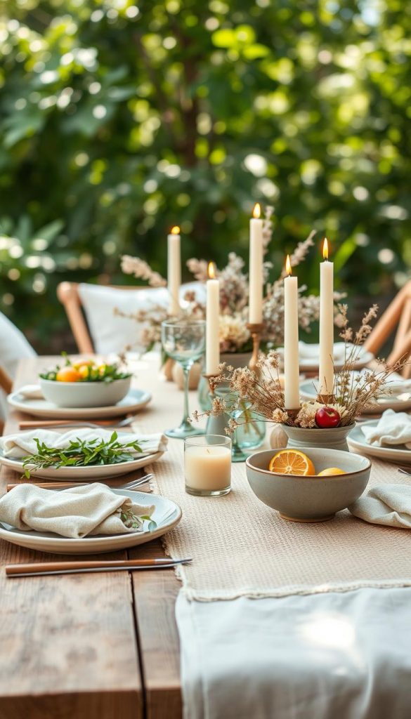 A beautifully set outdoor dining table styled in a boho theme, featuring soft beige linens draped elegantly over rustic wooden furniture. The foreground includes artisanal ceramic plates and bowls filled with fresh greenery and colorful summer fruits, laid out on a natural woven table runner. In the middle ground, delicate dried floral arrangements in neutral tones are interspersed with candles of varying heights, casting a warm glow. The background showcases soft focus greenery, with dappled sunlight filtering through leaves, creating a serene and inviting atmosphere. The scene is captured with a soft focus lens at a low angle to highlight the textures of the materials. Emphasize the warm, earthy tones to inspire a natural DIY aesthetic, embodying an authentic and Pinterest-worthy look that reflects the essence of "KlickKiste."