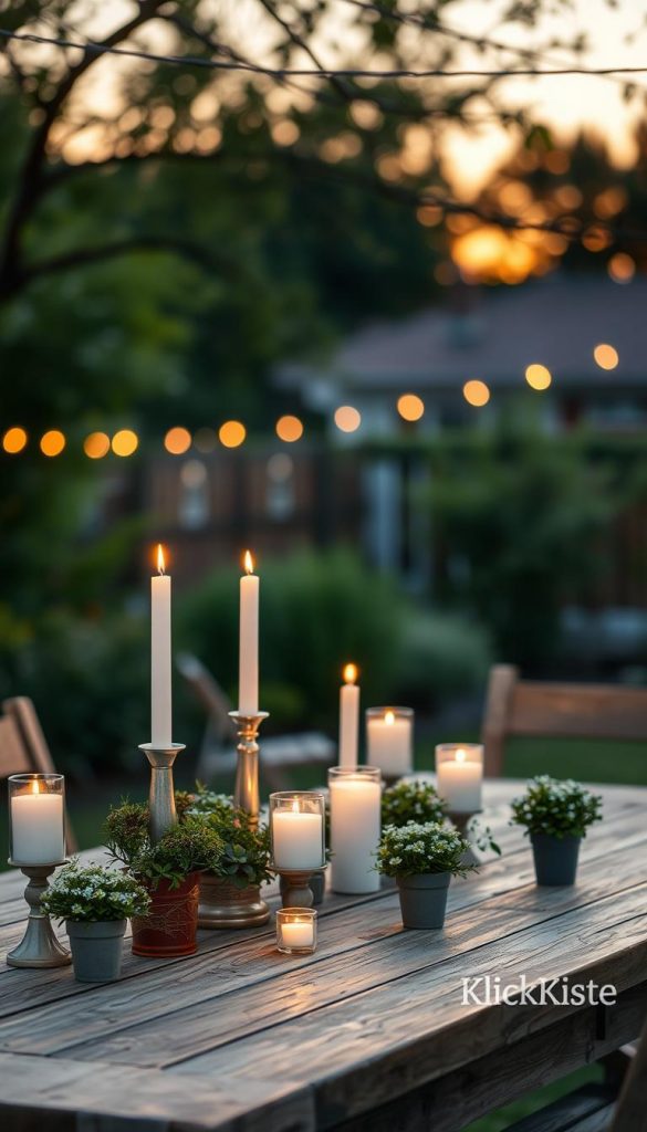 A beautifully set outdoor table for a summer evening gathering, adorned with elegant string lights ("lichterketten") glimmering against a dusky sky. In the foreground, a rustic wooden table is elegantly decorated with white candles of varied heights, surrounded by small, lush potted plants. In the middle of the scene, delicate fairy lights twinkle above, dangling between trees, enhancing the cozy atmosphere. The background features a softly blurred garden setting under a warm sunset, with gentle greens and faint hues of twilight. The overall ambiance exudes a warm, inviting glow that inspires a welcoming outdoor dining experience. This image should reflect a natural DIY aesthetic with warm tones and a Pinterest-worthy look, attributed to "KlickKiste". A beautifully set outdoor table for a summer evening gathering, adorned with elegant string lights ("lichterketten") glimmering against a dusky sky. In the foreground, a rustic wooden table is elegantly decorated with white candles of varied heights, surrounded by small, lush potted plants. In the middle of the scene, delicate fairy lights twinkle above, dangling between trees, enhancing the cozy atmosphere. The background features a softly blurred garden setting under a warm sunset, with gentle greens and faint hues of twilight. The overall ambiance exudes a warm, inviting glow that inspires a welcoming outdoor dining experience. This image should reflect a natural DIY aesthetic with warm tones and a Pinterest-worthy look, attributed to "KlickKiste".