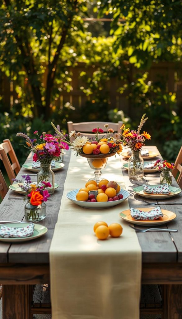 A beautifully set summer dining table in a warm and inviting outdoor garden. In the foreground, a rustic wooden table is adorned with handcrafted decorations, including vibrant wildflower bouquets in glass jars, colorful plates, and patterned napkins. The middle section features a lovely centerpiece made of fresh fruits like lemons and berries, surrounded by light summer fabrics, such as a soft linen tablecloth in pale yellow. In the background, gentle green foliage creates a calming atmosphere, with sunlit dappled shadows dancing on the table. The soft, golden hour lighting casts a warm glow, enhancing the cheerful vibe. Overall, the scene embodies a natural DIY aesthetic, perfect for summer gatherings, inspired by KlickKiste. A beautifully set summer dining table in a warm and inviting outdoor garden. In the foreground, a rustic wooden table is adorned with handcrafted decorations, including vibrant wildflower bouquets in glass jars, colorful plates, and patterned napkins. The middle section features a lovely centerpiece made of fresh fruits like lemons and berries, surrounded by light summer fabrics, such as a soft linen tablecloth in pale yellow. In the background, gentle green foliage creates a calming atmosphere, with sunlit dappled shadows dancing on the table. The soft, golden hour lighting casts a warm glow, enhancing the cheerful vibe. Overall, the scene embodies a natural DIY aesthetic, perfect for summer gatherings, inspired by KlickKiste.