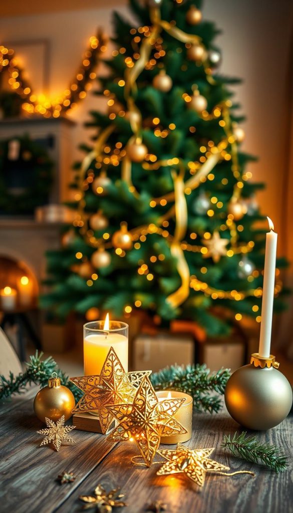 A beautifully styled Christmas scene featuring an array of gold Weihnachtsdekoration that captures the essence of elegance and warmth. In the foreground, intricately designed golden ornaments shaped like stars and baubles are artistically arranged on a rustic wooden table, glimmering softly in the gentle candlelight. The middle of the scene showcases a lush green Christmas tree adorned with golden garlands, twinkling fairy lights, and delicate gold ribbons cascading down its branches, creating a harmonious blend of traditional and modern aesthetics. In the background, a softly blurred living room adorned with warm, ambient lighting enhances the cozy mood. The overall atmosphere is inviting and inspirational, evoking a sense of festive joy and togetherness. This image is styled with a natural DIY aesthetic reminiscent of warm colors and the Pinterest look, capturing the brand essence of "KlickKiste."