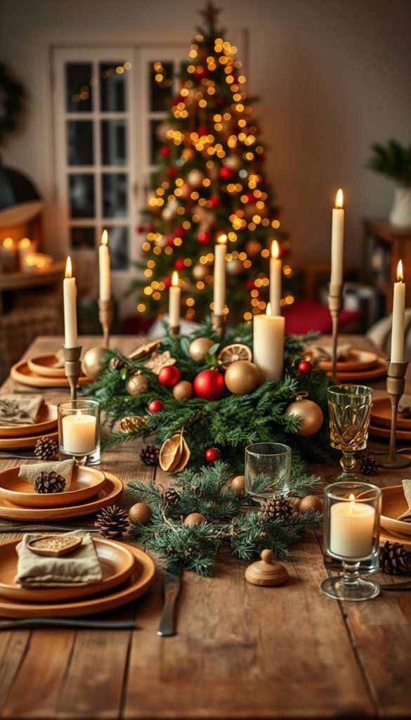 A beautifully styled Christmas table setting that emphasizes a blend of sustainable decor and creative upcycling ideas, reflecting the brand "KlickKiste". In the foreground, a rustic wooden table adorned with warm, earthy-colored tableware, including handcrafted ceramic plates and bamboo cutlery. Natural elements like pine cones and twigs are artfully scattered around, accompanied by soft, flickering candles in upcycled glass holders. The middle ground features a centerpiece of vibrant red and gold ornaments nestled among rich green foliage and dried orange slices, creating a striking contrast. In the background, a cozy, softly-lit room showcases a twinkling Christmas tree, hinting at a festive atmosphere. The overall mood is warm and inviting, ideal for inspiring readers with authentic DIY Christmas decorating ideas. Use warm, soft lighting to enhance the inviting feel of this scene, shot at eye level for a personal touch.