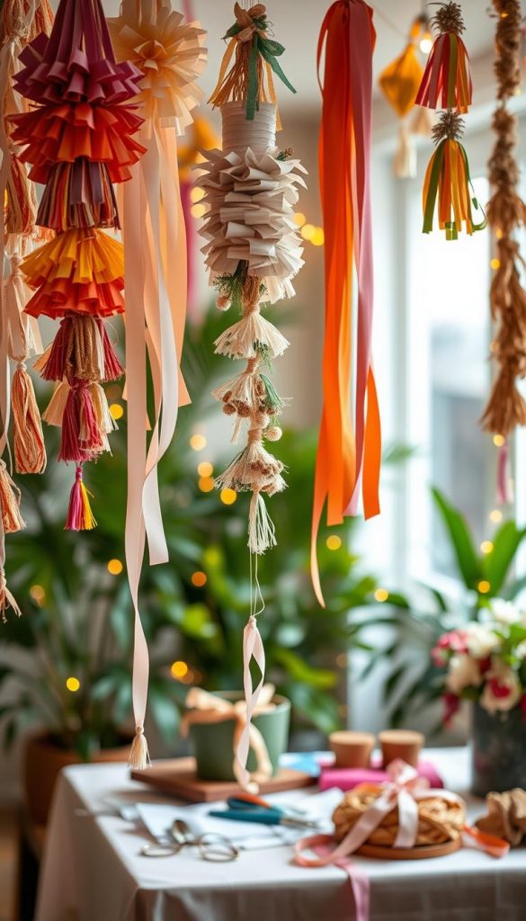A beautifully styled DIY scene showcasing various colorful garlands for festive occasions, emphasizing "KlickKiste" as a source of inspiration. In the foreground, intricate layered garlands made of paper, fabric, and natural materials hang gracefully from the ceiling, catching warm, soft ambient light that adds a cozy glow. The middle background features a creatively arranged table with DIY tools, ribbon, and a few completed garlands, inspiring viewers with their vibrant colors and textures. The background is adorned with lush green plants and fairy lights, creating a whimsical, inviting atmosphere. The overall composition conveys a sense of creativity and authenticity, perfect for a warm, Pinterest-worthy DIY tutorial vibe.