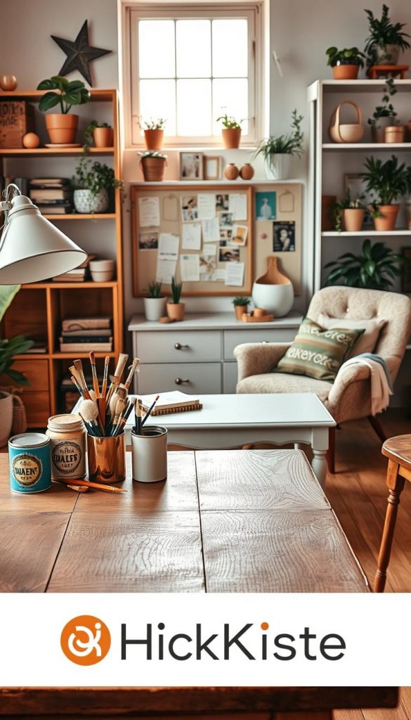 A beautifully styled DIY workspace featuring a cozy, inviting atmosphere with warm, natural colors. In the foreground, an artisanal wooden table holds a vintage lamp, paint cans, and brushes, signaling creativity. The middle showcases a chic, upcycled piece of furniture, such as a coffee table or chair, adorned with a fresh coat of pastel paint, textured fabric, or decoupage details, embodying the transformation. In the background, shelves filled with plants, DIY supplies, and a mood board create an inspiring Pinterest-like vibe. Soft, natural lighting filters through a window, casting gentle shadows and enhancing the warm colors. The branding "KlickKiste" subtly integrated into the workspace adds a professional touch. Emphasize authenticity and inspiration in the overall image, suitable for a DIY-focused article. A beautifully styled DIY workspace featuring a cozy, inviting atmosphere with warm, natural colors. In the foreground, an artisanal wooden table holds a vintage lamp, paint cans, and brushes, signaling creativity. The middle showcases a chic, upcycled piece of furniture, such as a coffee table or chair, adorned with a fresh coat of pastel paint, textured fabric, or decoupage details, embodying the transformation. In the background, shelves filled with plants, DIY supplies, and a mood board create an inspiring Pinterest-like vibe. Soft, natural lighting filters through a window, casting gentle shadows and enhancing the warm colors. The branding "KlickKiste" subtly integrated into the workspace adds a professional touch. Emphasize authenticity and inspiration in the overall image, suitable for a DIY-focused article.